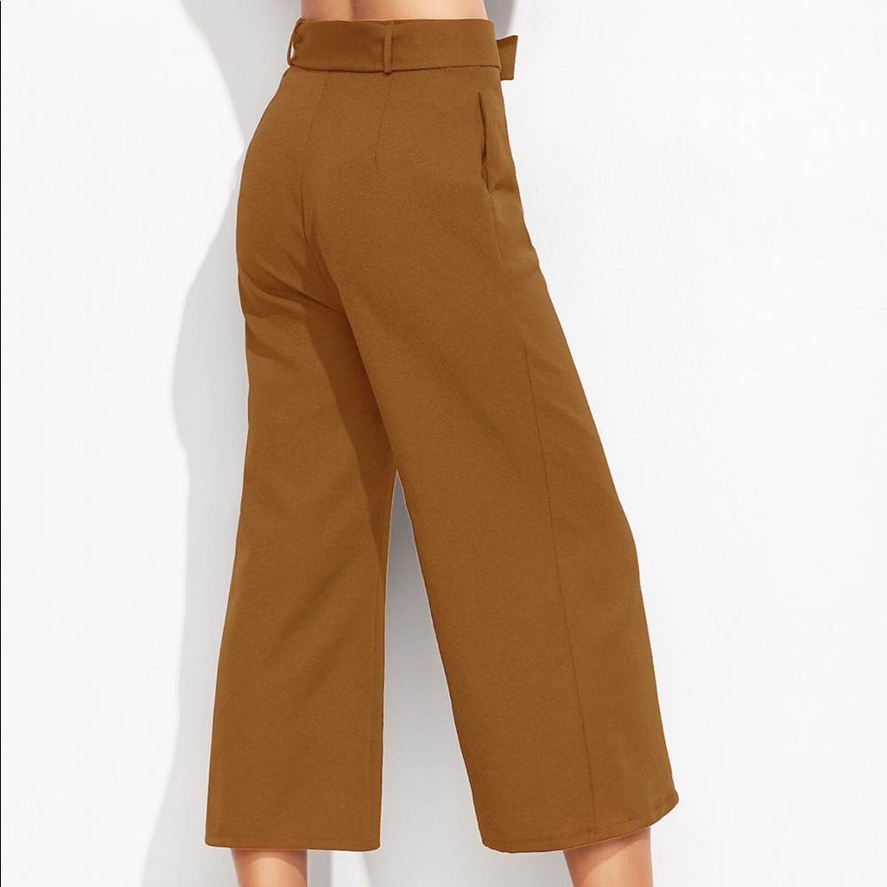 Brown Waist Tie Wide Leg Cropped Pants - Picture 2 of 5
